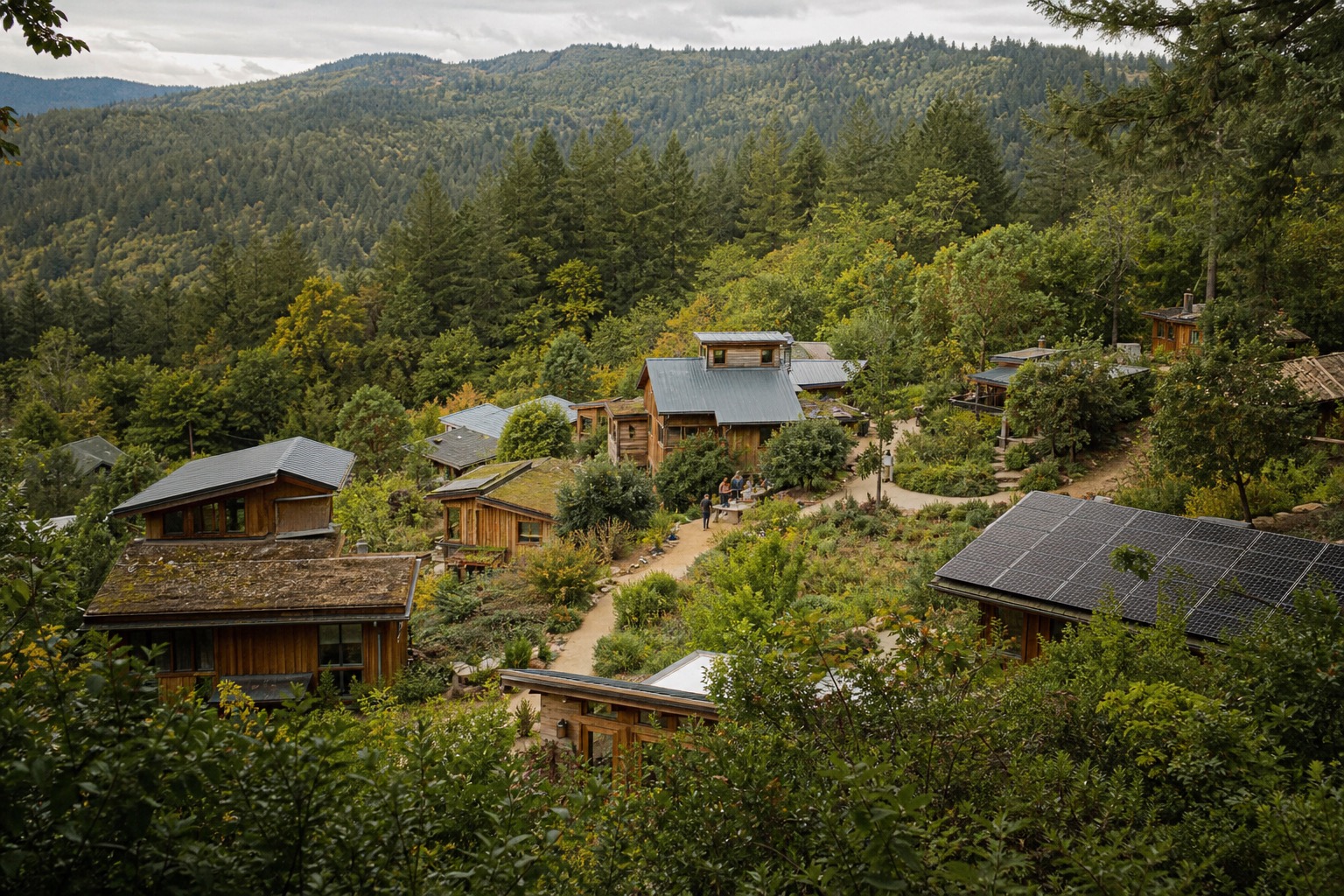 Eco settlement nestled among living hills and forest