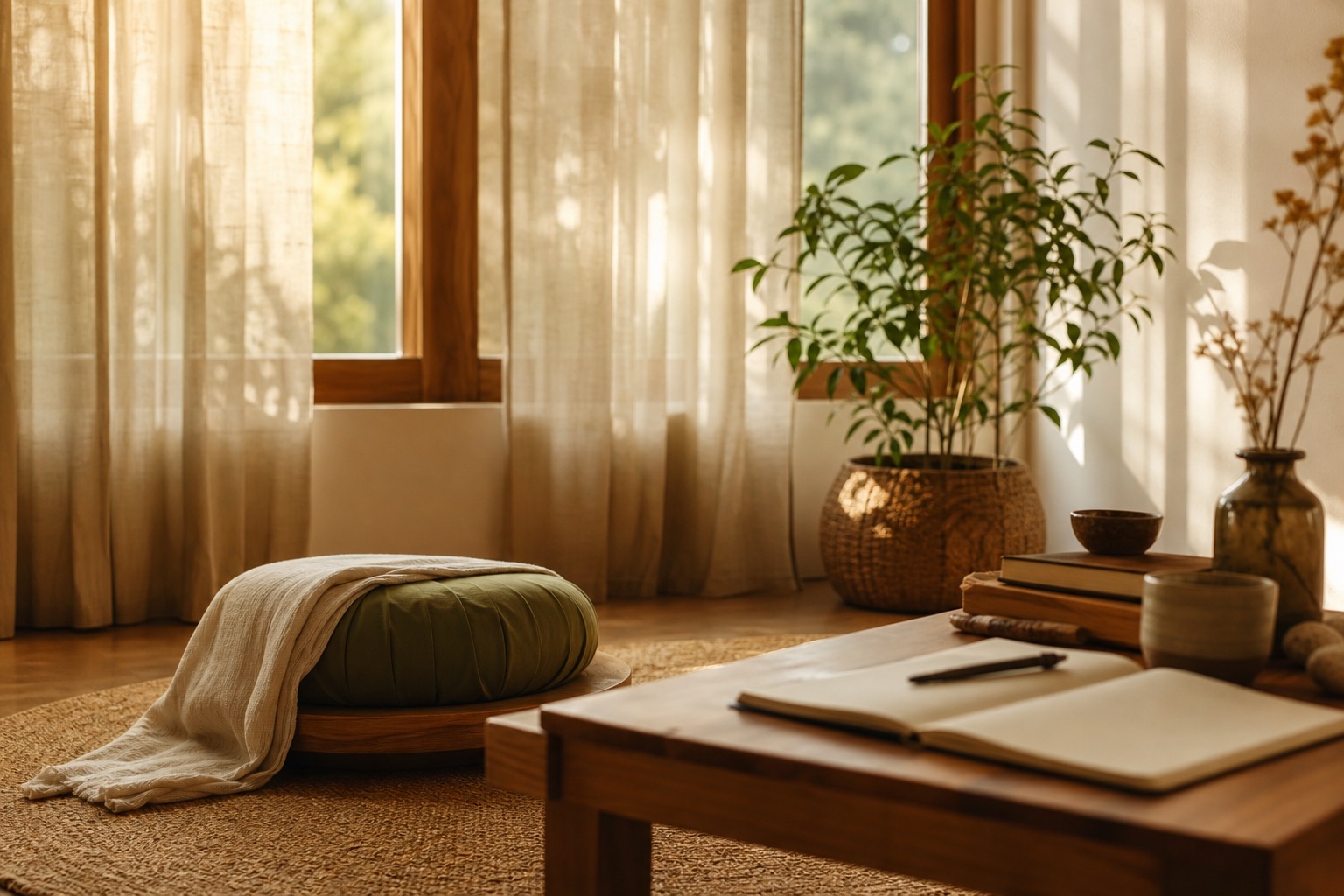 Quiet studio with meditation cushion, notebook, and soft daylight